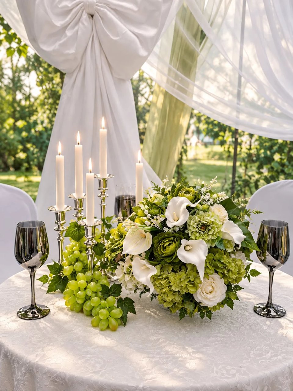 Centre de table blanc et vert, bougies et voilages