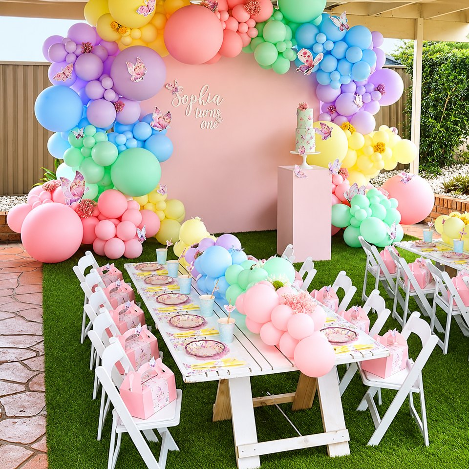 Décor d’anniversaire pastel avec arche de ballons, papillons et petites tables pour enfants