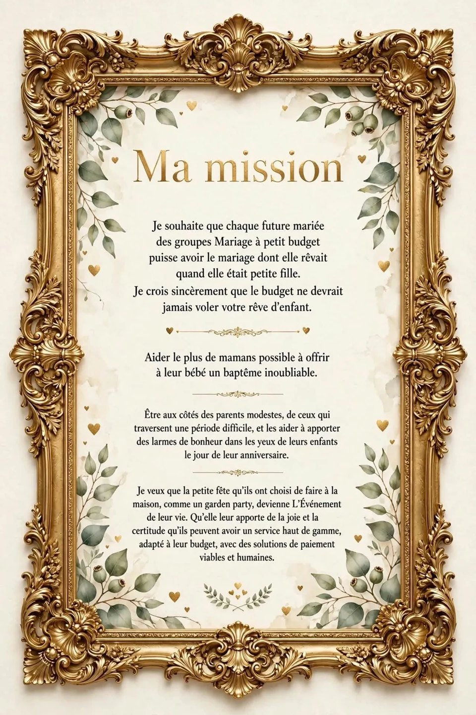 Texte de la mission de Michelle Events présenté dans un cadre doré