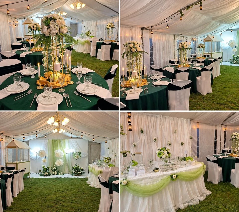 Collage de décorations et de tables de réception vertes et blanches